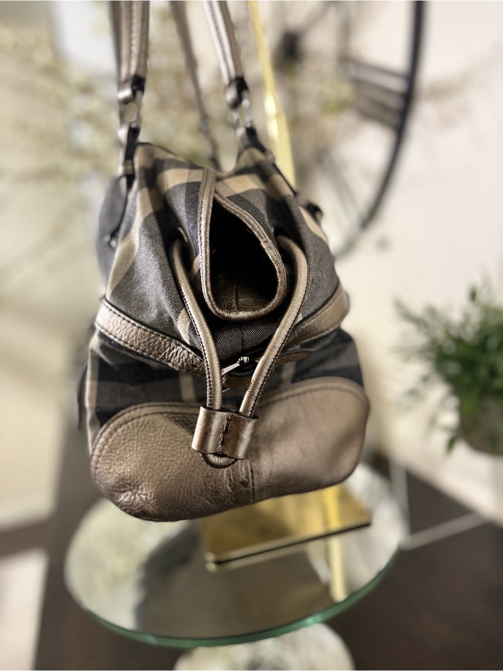 Vintage Burberry Nova Check Shoulder Tote Bag Metallic Pewter Leather Large - Picture 3 of 10